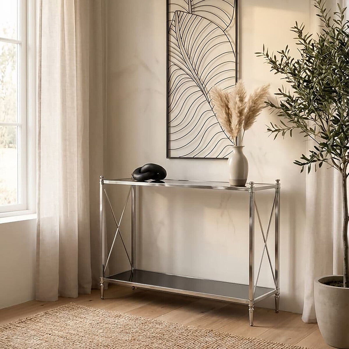 Black Mirrored Glass Two-Tier Console Table with Silver Nickel Finish Frame | Hoffmann