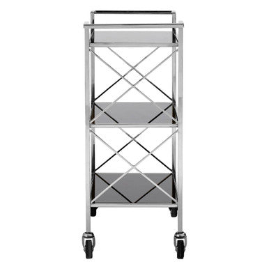 Black Mirrored Glass 3 Tier Trolley with Silver Finish | Hoffmann