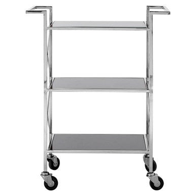 Black Mirrored Glass 3 Tier Trolley with Silver Finish | Hoffmann