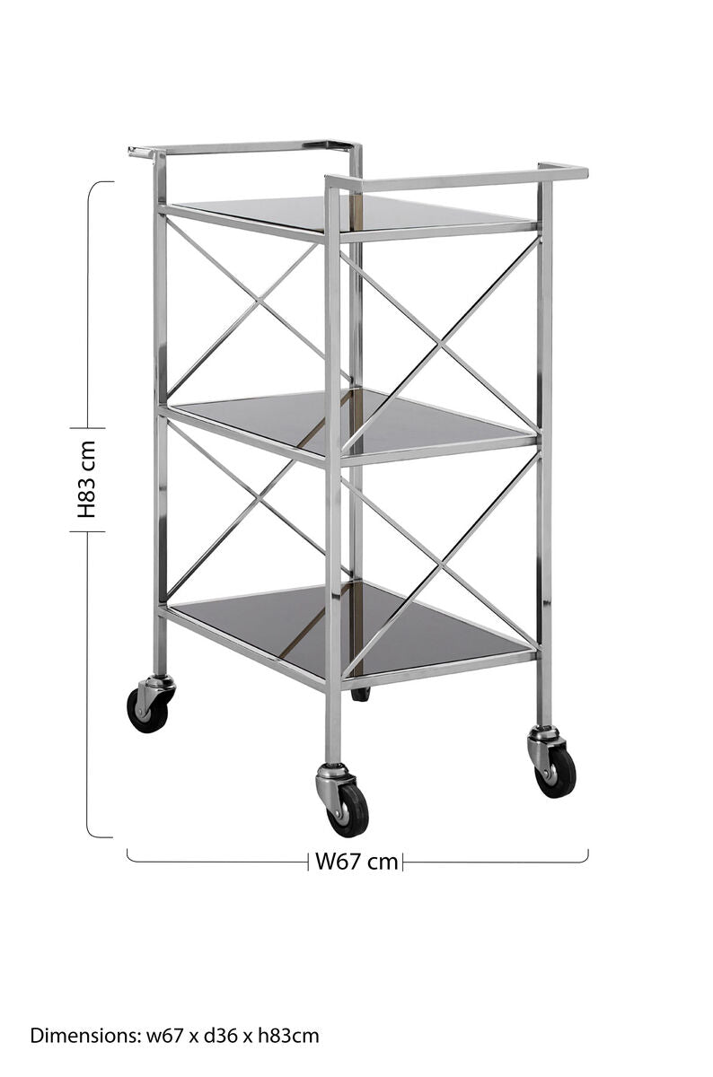 Black Mirrored Glass 3 Tier Trolley with Silver Finish | Hoffmann
