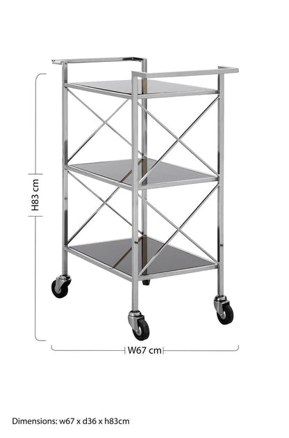 Black Mirrored Glass 3 Tier Trolley with Silver Finish | Hoffmann