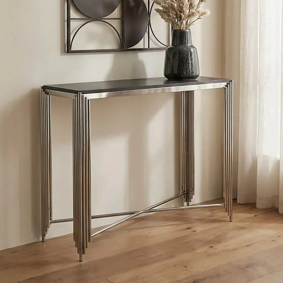 Black Granite Top Art Deco Console Table with Silver Finish X-Shaped Cross | Clarice