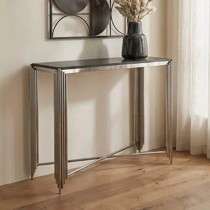 Black Granite Top Art Deco Console Table with Silver Finish X-Shaped Cross | Clarice