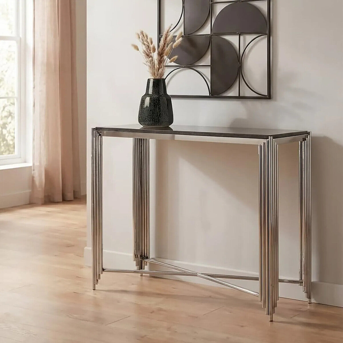 Black Granite Top Art Deco Console Table with Silver Finish X-Shaped Cross | Clarice