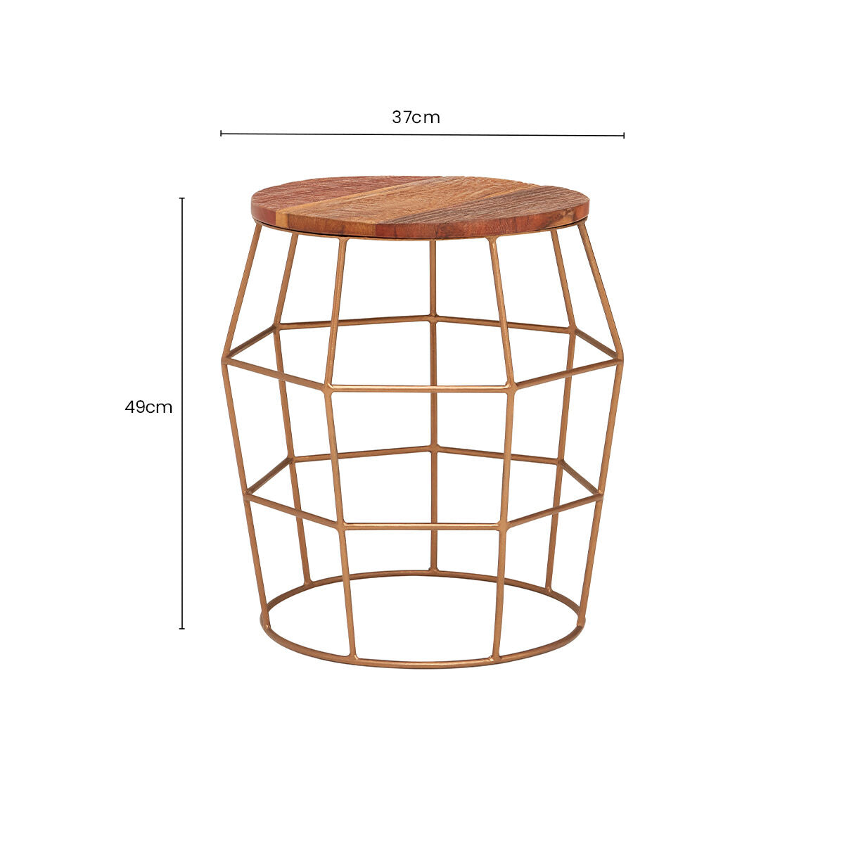 Natural Recycled Wood Top Rounded Side Table with Brass Iron Wireframe Base | Nandri