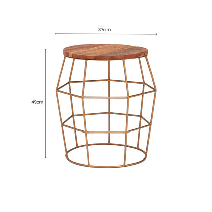 Natural Recycled Wood Top Rounded Side Table with Brass Iron Wireframe Base | Nandri
