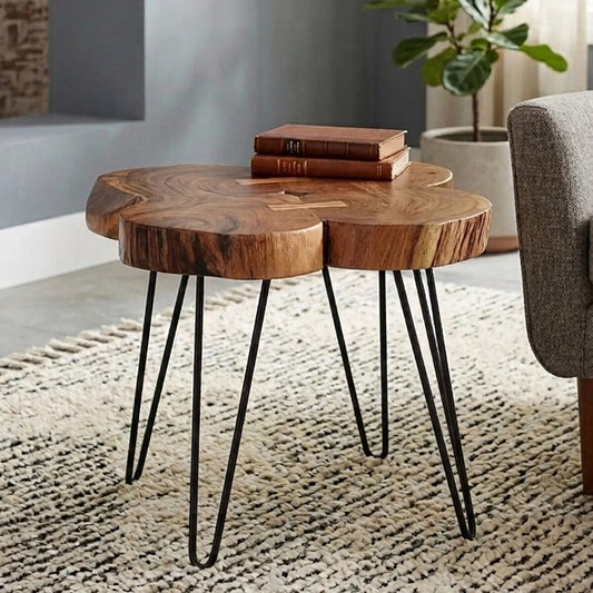 Natural Acacia Wood Slice Top Side Table with Black Metal Hairpin Legs | Nandri