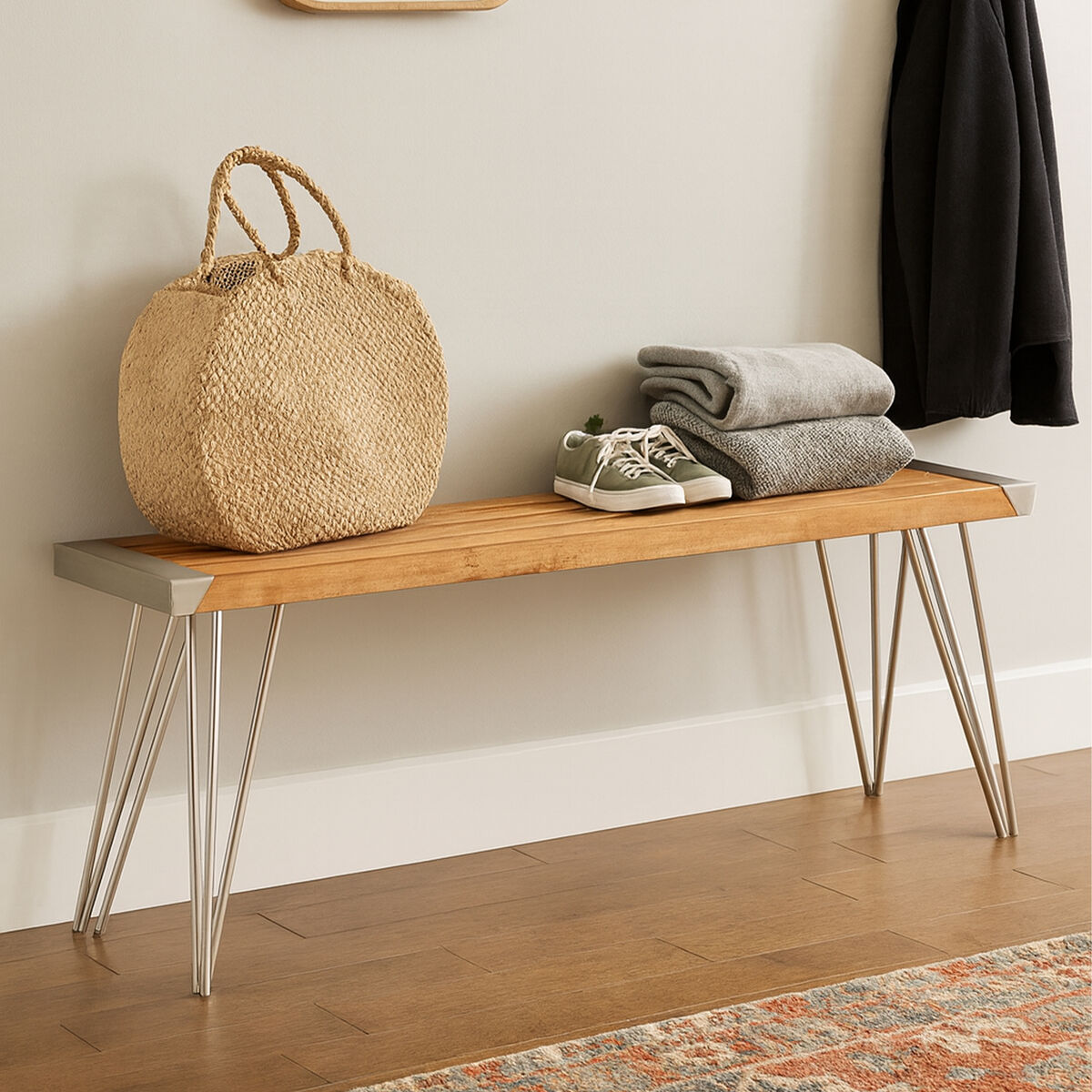 Nandri Silver Teak Wood Bench with Slatted Seat