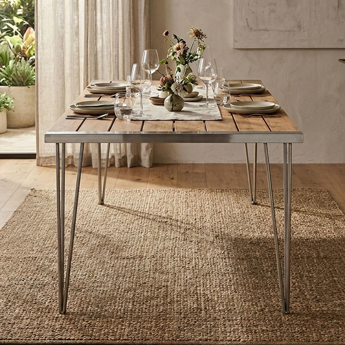 Brown Slatted Teak Wood Dining Table with Nickel Finish Hairpin Legs | Nandri