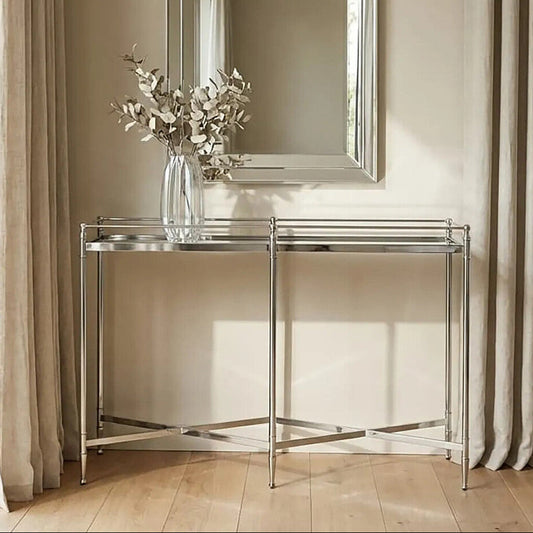 Mirrored Glass Console Table with Silver Cross Frame | Zach