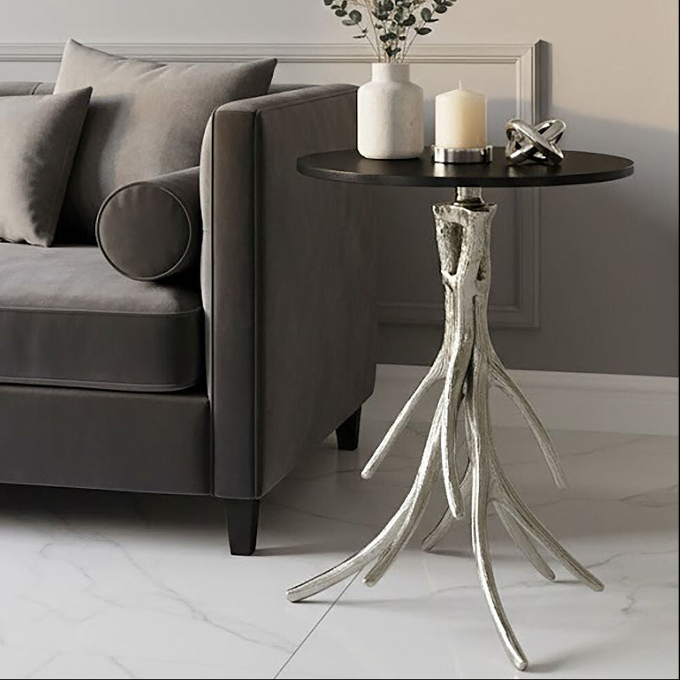 Antler Round Side Table with Black Marble Top