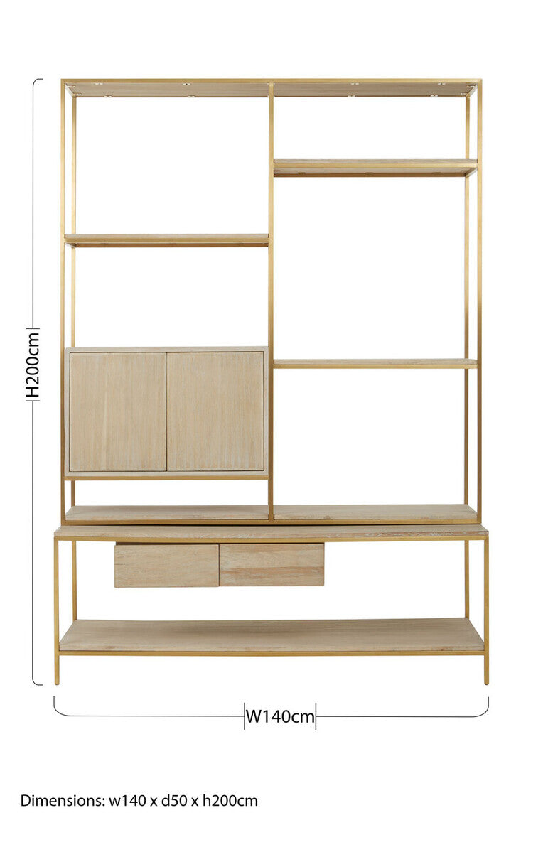Modica Oak Wood and Gold Finish Shelf Unit
