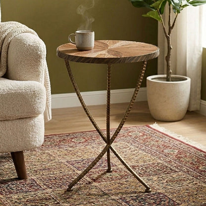 Brown Two Tone Elm Wood Small Side Table with Antique Brass Iron Legs | Elmo