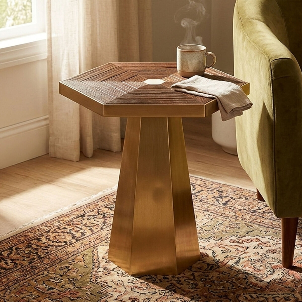 Gold and Natural Small Hexagon End Table with Grooved Elm Wood Top | Titan