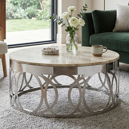 White Marble Top Coffee Table with Silver Stainless Steel Circular Base | Yasmin