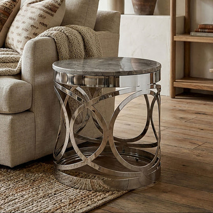 White Marble Top Contemporary Side Table with Reflective Stainless Steel Base | Yasmin