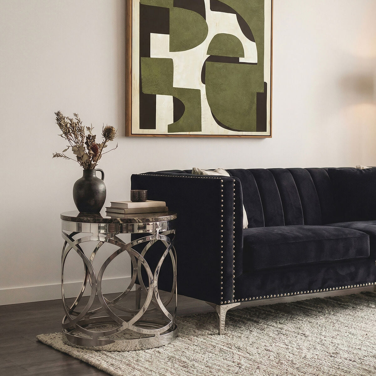 White Marble Top Contemporary Side Table with Reflective Stainless Steel Base | Yasmin