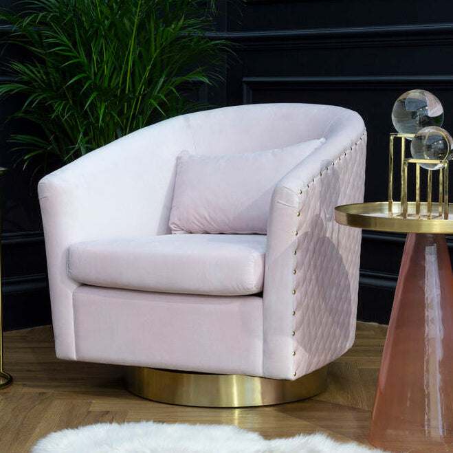Plazoni Pink Velvet Swivel Chair with Gold Finish Stainless Steel Base