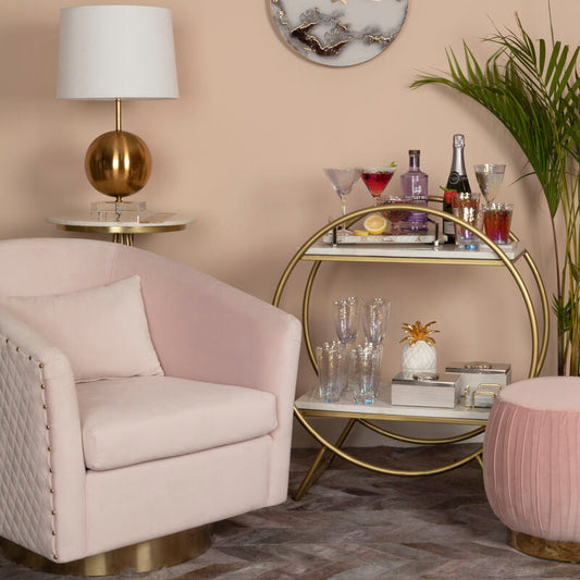 Plazoni Pink Velvet Swivel Chair with Gold Base