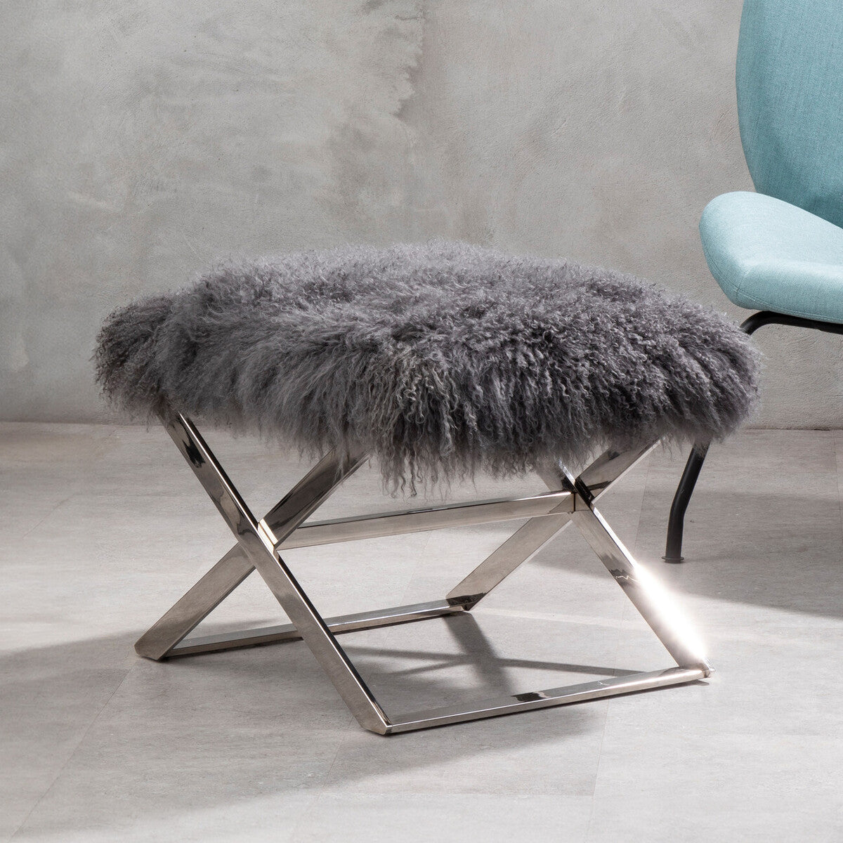 Anafi Grey Sheepskin Stool with Silver Metal Base