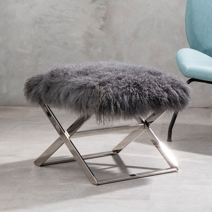 Anafi Grey Sheepskin Stool with Silver Metal Base