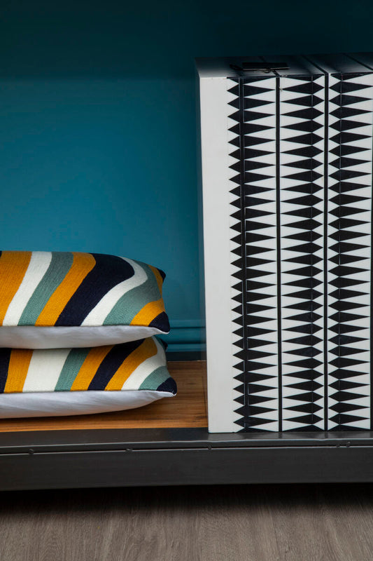 Issey Black and White Resin Table and Stool with Geometric Design