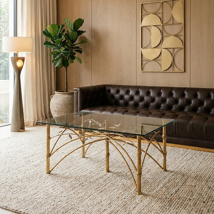 Gold Clear Tempered Glass Top Table with Bamboo Design Metal Legs | Zariah