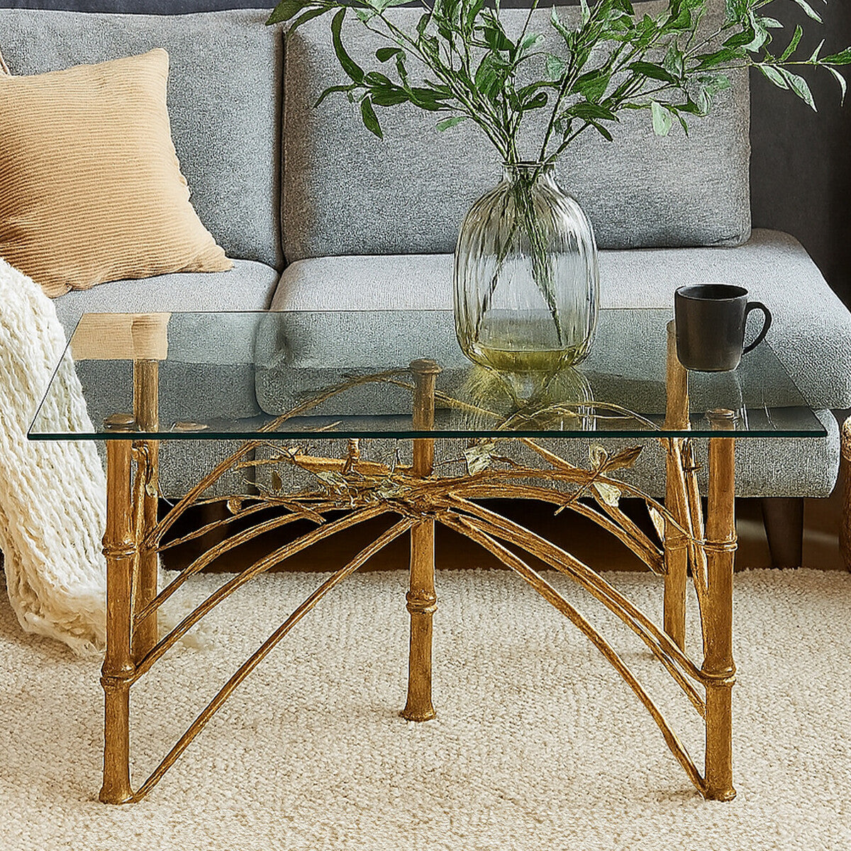Gold Clear Tempered Glass Top Table with Bamboo Design Metal Legs | Zariah