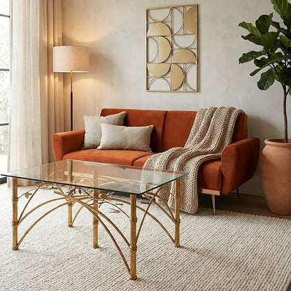 Gold Clear Tempered Glass Top Table with Bamboo Design Metal Legs | Zariah
