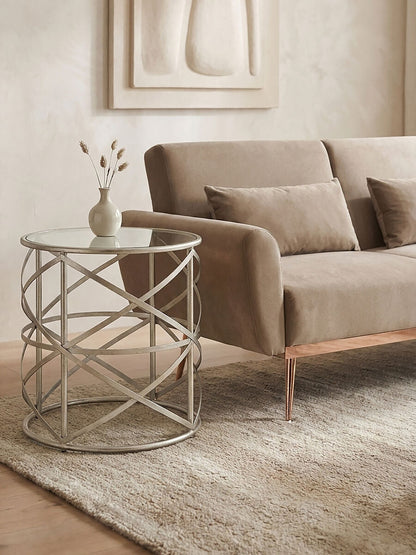 Silver Round Side Table with Clear Tempered Glass | Rubia