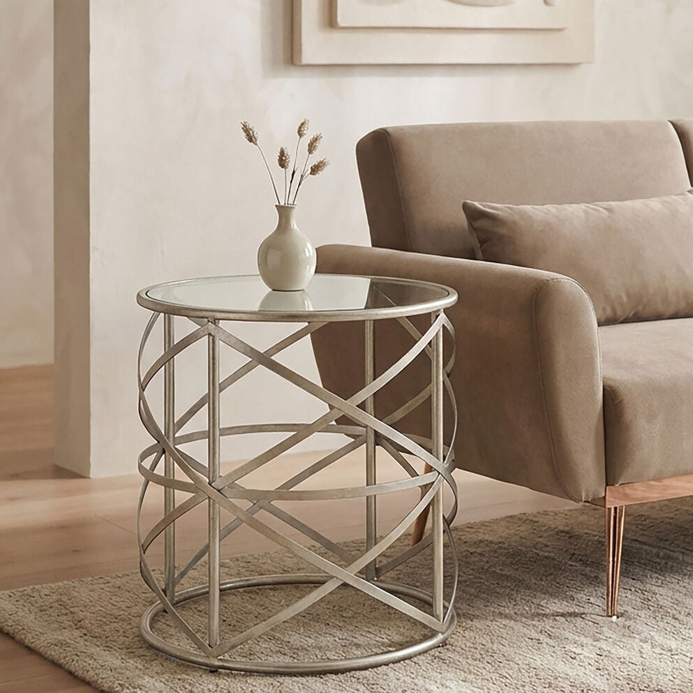 Silver Round Side Table with Clear Tempered Glass | Rubia