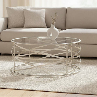 Silver Round Coffee Table with Clear Tempered Glass | Rubia