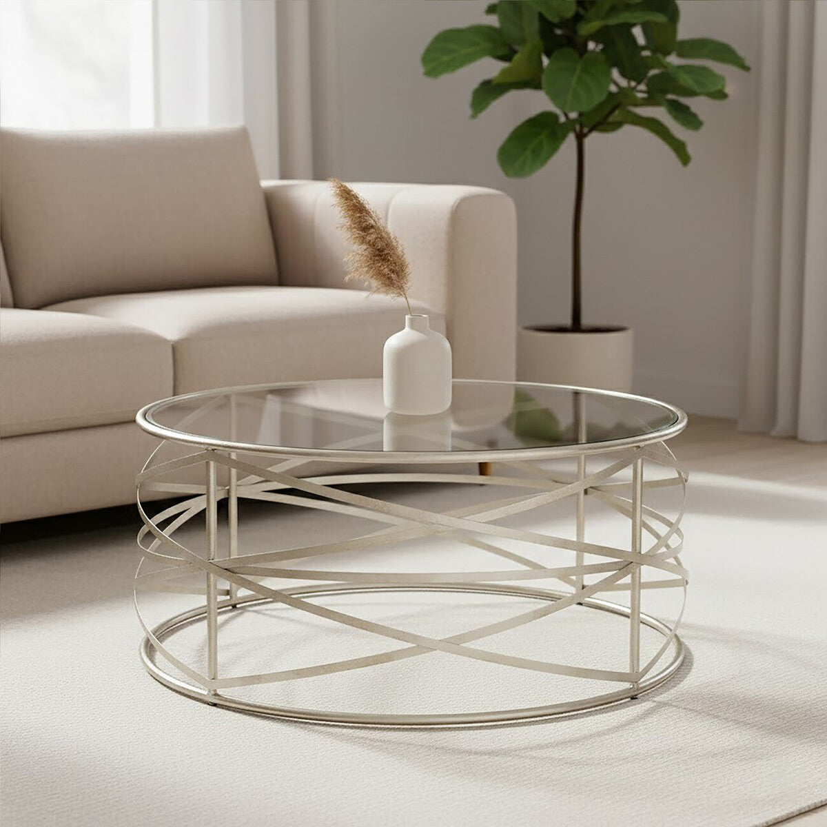 Silver Round Coffee Table with Clear Tempered Glass | Rubia