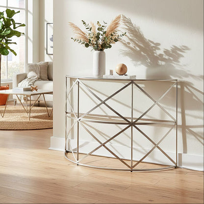 Silver Finish Iron Frame Demilune Console Table with Clear Glass Top | Rubia