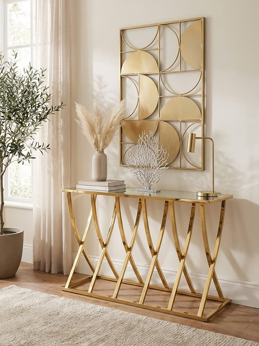 Gold Mirrored Top Console Table with Sweeping Stainless Steel Frame | Reena