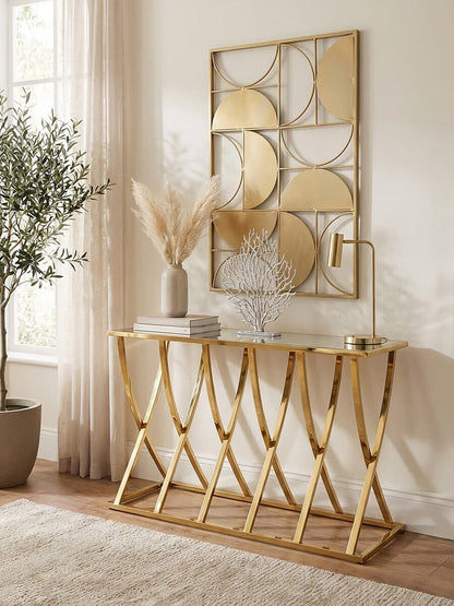 Gold Mirrored Top Console Table with Sweeping Stainless Steel Frame | Reena