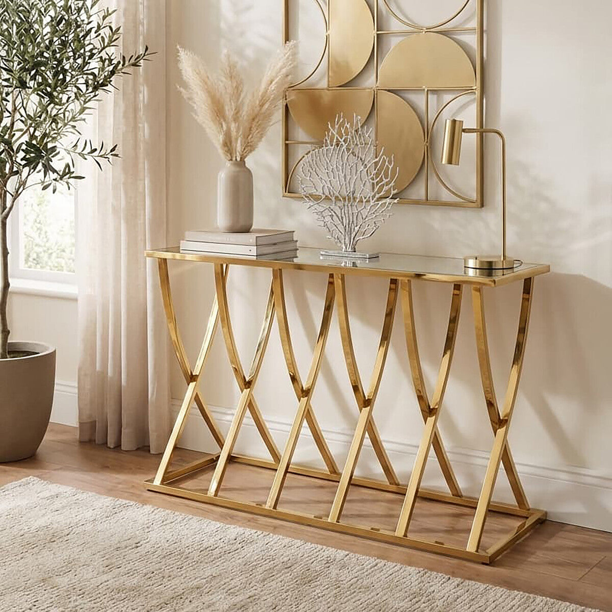 Gold Mirrored Top Console Table with Sweeping Stainless Steel Frame | Reena