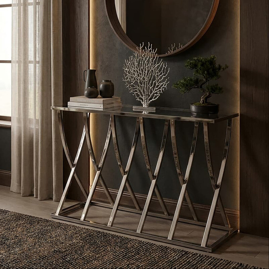Silver Console Table with Mirrored Top | Reena