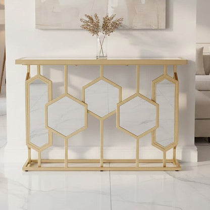 Gold Finish Iron Frame Console Table with Rectangular Mirrored Top | Rio