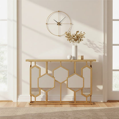 Gold Finish Iron Frame Console Table with Rectangular Mirrored Top | Rio