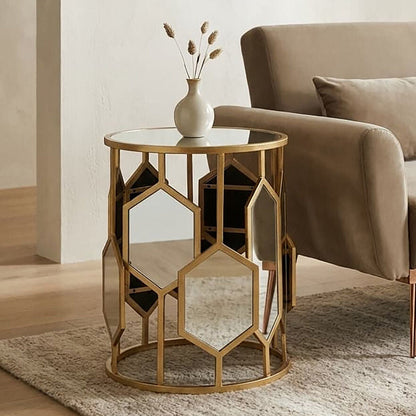 Gold Finish Iron Frame Side Table with Round Mirrored Top | Rio