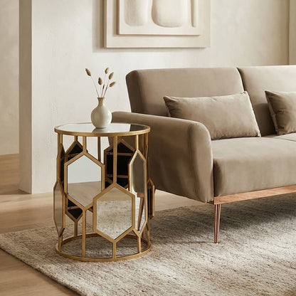 Gold Finish Iron Frame Side Table with Round Mirrored Top | Rio