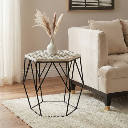 Black and White Resin Hexagon Side Table with Black Wireframe Base | Harlo