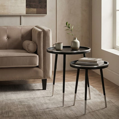 Black and Silver Set of 2 Side Tables with Raised Rim Tops and Silver Leg Tips | Halle