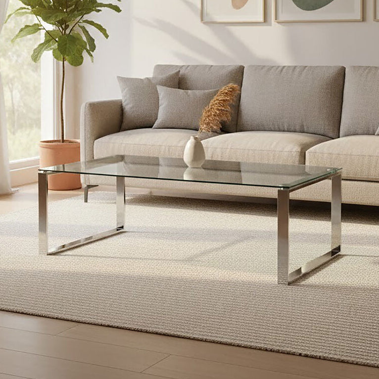 Silver Stainless Steel Coffee Table with Black Tempered Glass, Allure