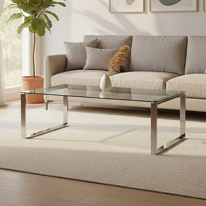 Silver Stainless Steel Coffee Table with Black Tempered Glass, Allure