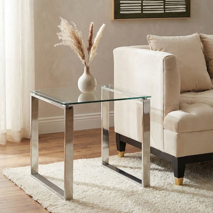 Silver Square End Table with Clear Tempered Glass | Allure