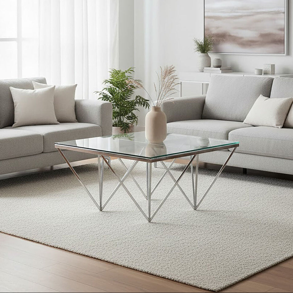 Silver Tempered Glass Coffee Table with Reflective Steel 4 Leg Base | Allure