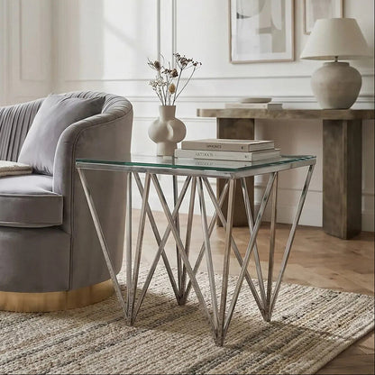 Silver Stainless Steel End Table with Pincer Like Legs and Glass Top | Allure