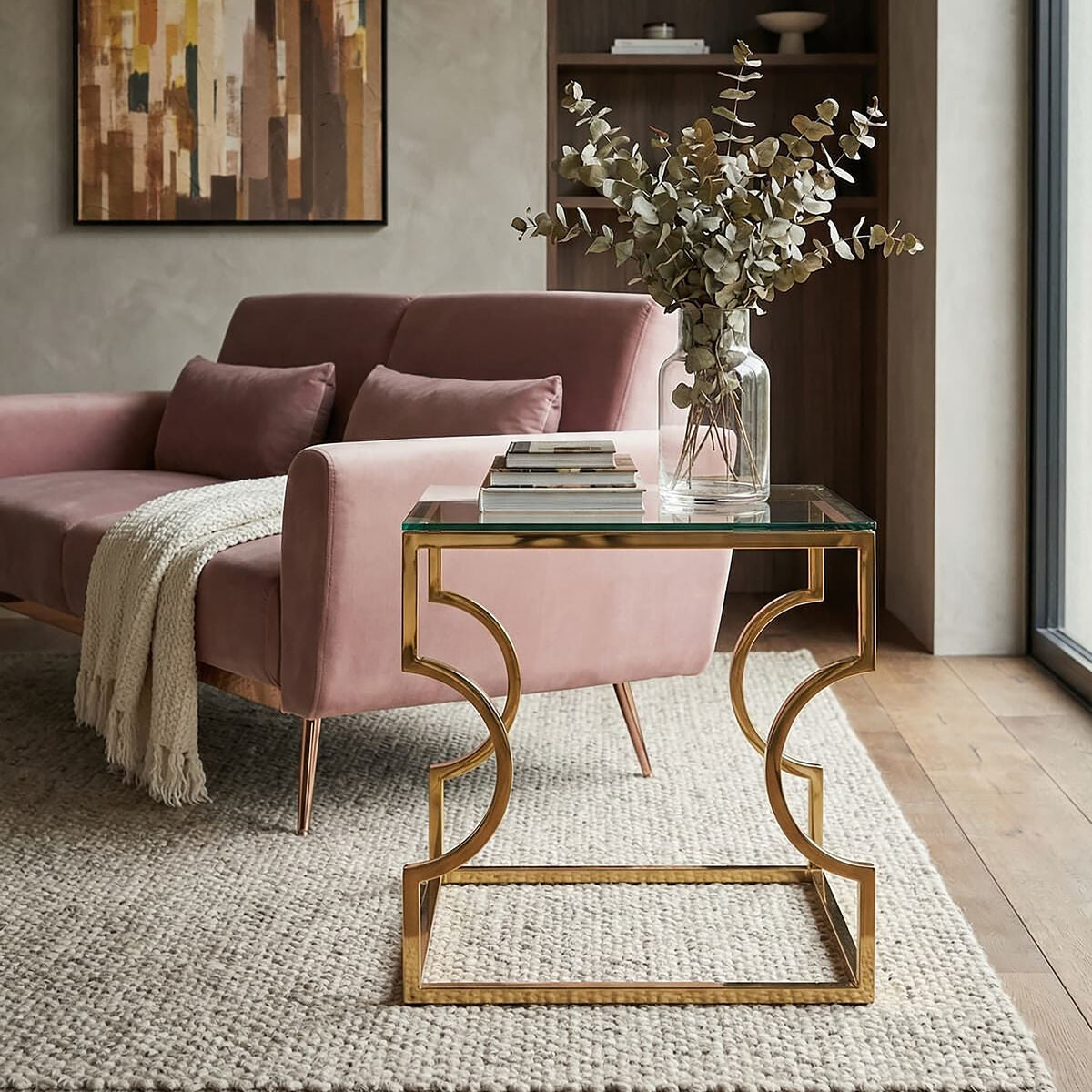 Gold Curved Frame Square End Table with Clear Tempered Glass | Allure